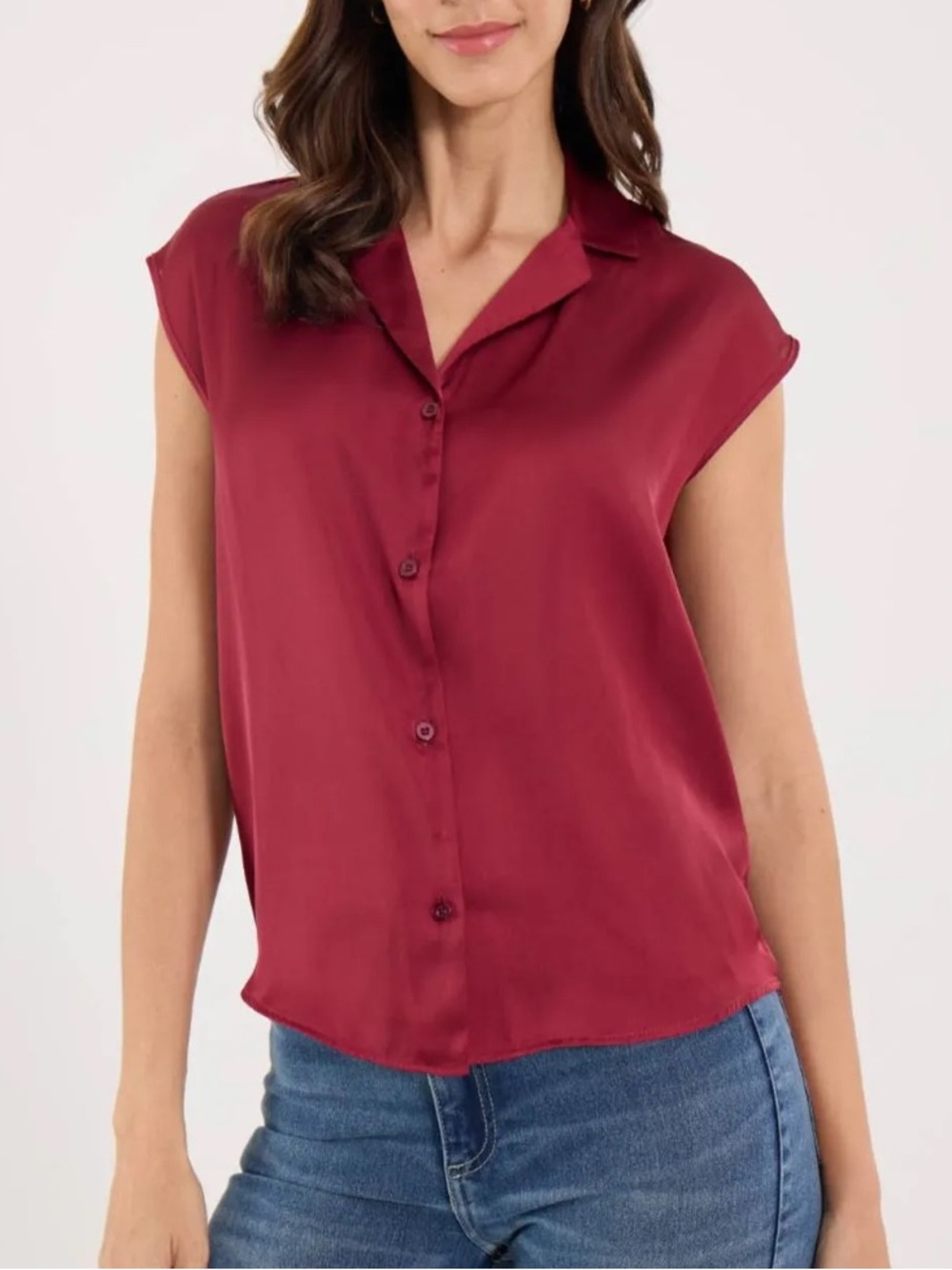 Maison d’Amelie wine red satin short cap sleeve button down blouse size XS